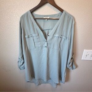Blue Cuffed Sleeve Polo Blouse Relaxed Fit